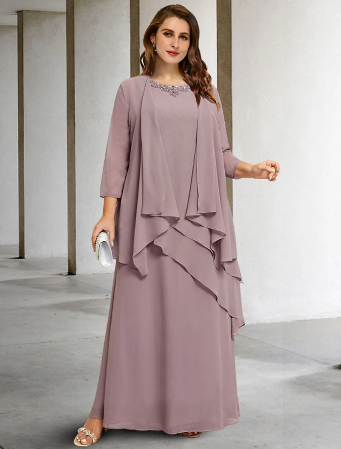 Wholesale Two Piece A-Line Mother of the Bride Dresses Plus Size Hide Belly Curve Elegant Dress Formal Floor Length Sleeveless Jewel Neck Chiffon with Sequin Ruffles Appliques